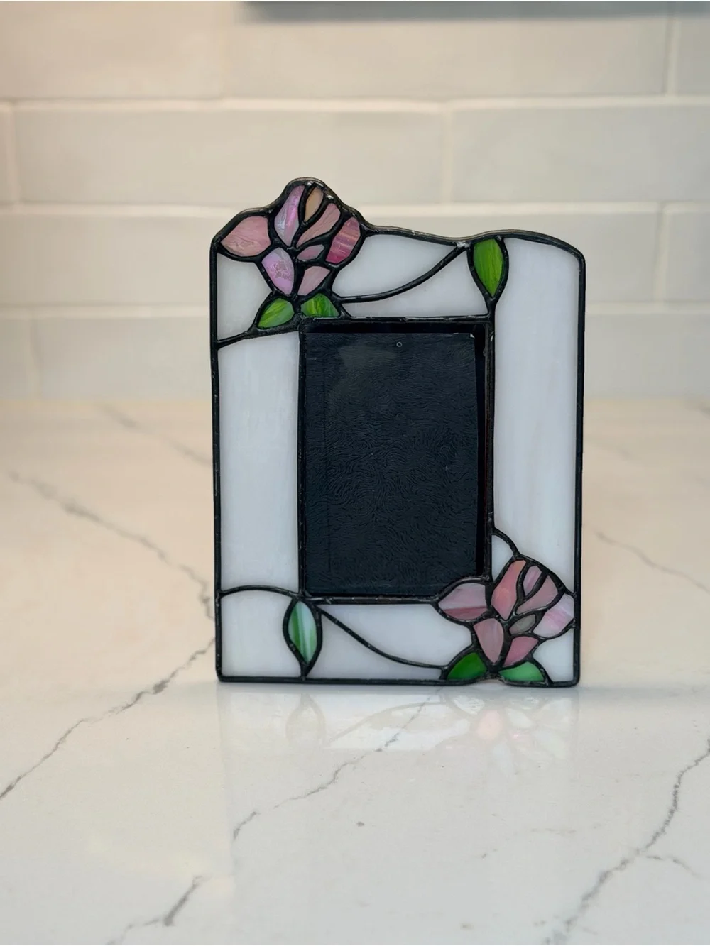Vintage Pink and White Stained Glass Floral Picture Frame
